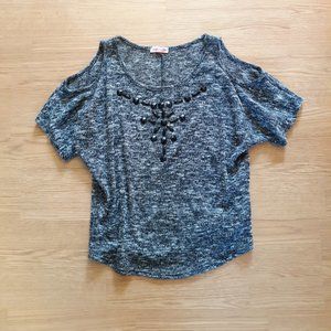 Black/White Cold Shoulder Knit Top with Black Stone Embellishments - Size S